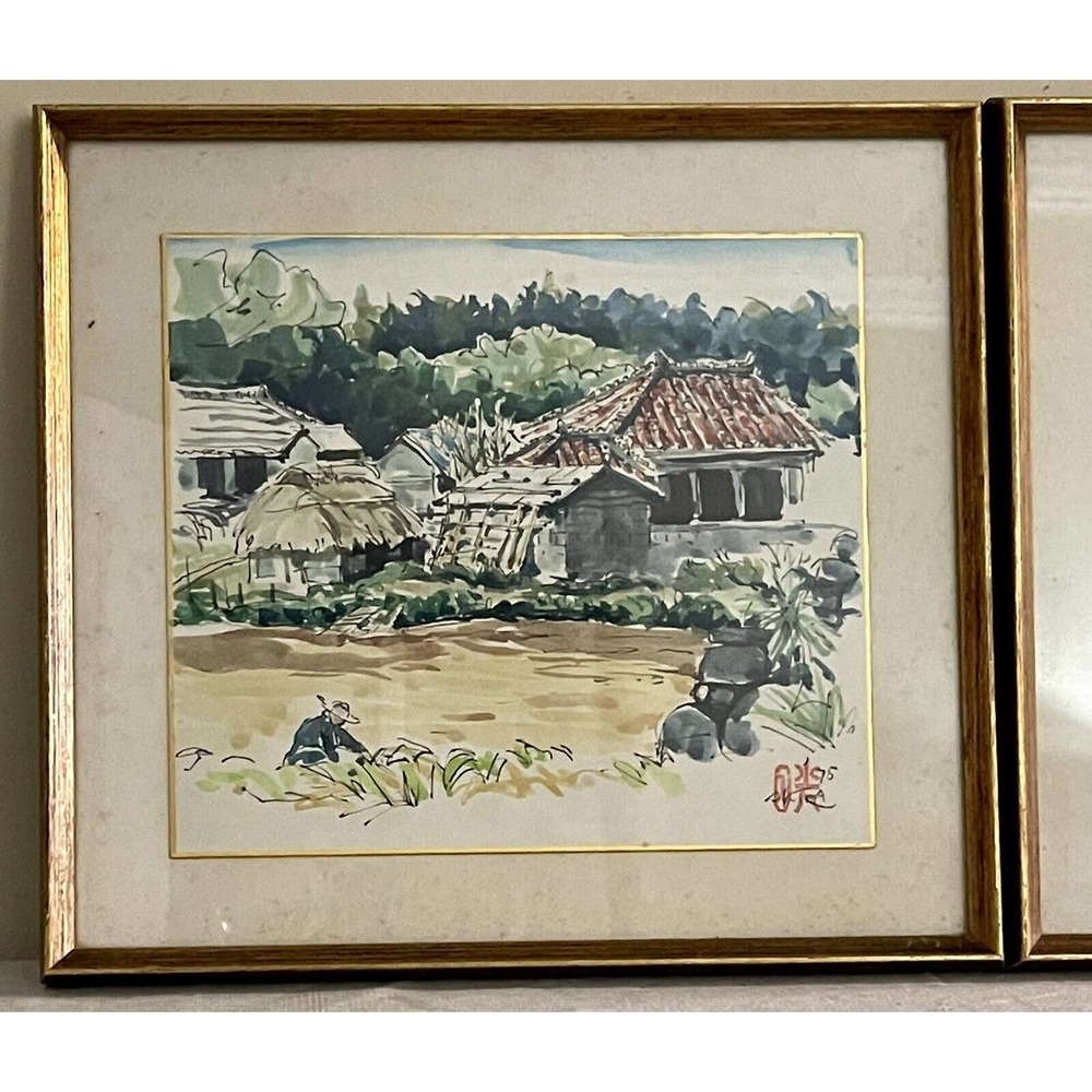 Pair 1975 Original Signed Akira Matsushima Japan Rare Water Color Works Of Art